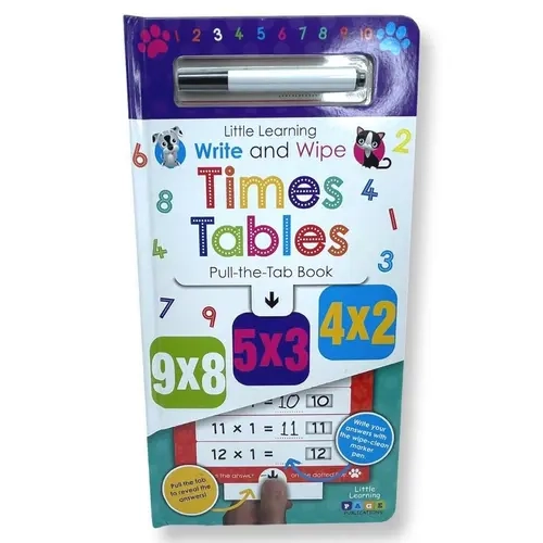 Kids' Laminated Write & Wipe Times Tables Drill Activity Book - 14-Page Early Learning Math Visual Tool, Teaching Supplies with Pull-Tabs, Dry-Erase Markers for Children to Improve Writing Skills, Back to School Set