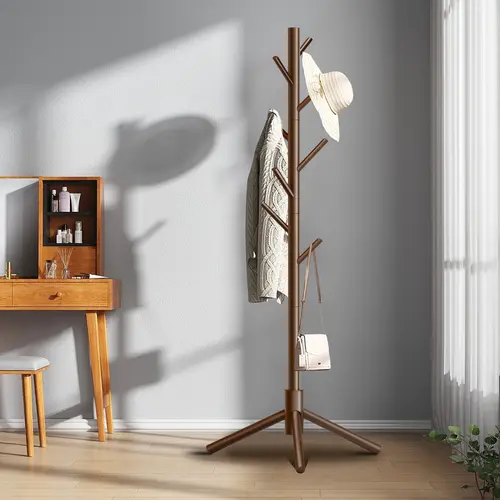 Wooden Coat Rack, Free Standing Coat Rack with 8 Hooks 3 Adjustable Heights for Clothes, Hats, Handbags, Coat Tree Easy Assembly for Entryway, Bedroom, Hallway, Office Minimal Organizer Living Room Storage Home Interior Organizing，#SohoChic