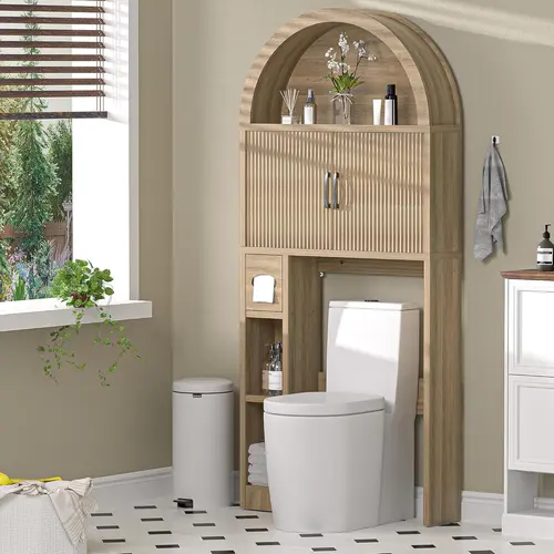 【Super Popular】Dragosum Over The Toilet Storage Cabinet, Arched Cabinet with Doors, Space-Saving Toilet Storage for Bathroom, Laundry, Mini Bar, Free standing Bathroom Organizer with Adjustable Shelf and Anti-Tip Device (Wood),summerwins