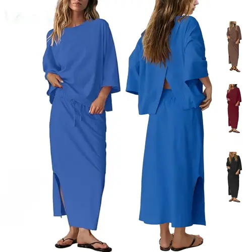 Ommig Women's 2-Piece Lounge Set, Stretchy Oversized 3/4 Sleeve Top & Maxi Skirt with Pockets & Slits, Spring Summer Women's Clothes for Vacation, 2 Piece Sets,summerwins,summeroutfits,vacationoutfits,bathingsuitwomenset,beachoutfits