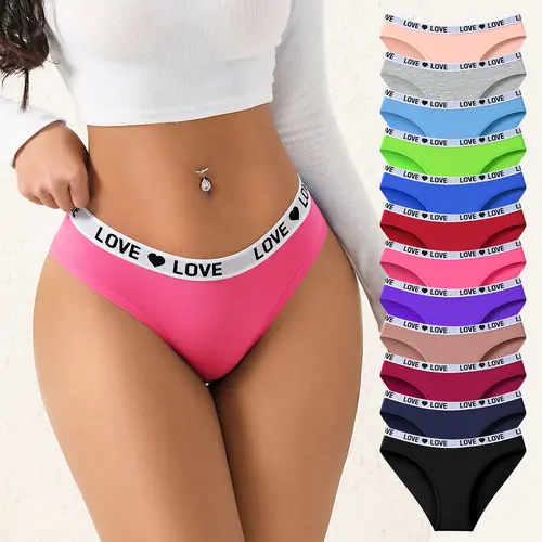 Hotcom Women's Color Block Letter Print Cotton Elastane Briefs Lingerie - 7/10/12-Piece Stretchy, Breathable, Secure-Fit Underwear with Elegant Stitches for Everyday Comfort & Style (Ideal Fit for Women, Suitable for Halloween & Children's Day)