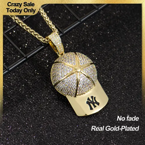 Holylegend 14K Real Gold-Plated Baseball Cap Pendant Necklace for Men and Women, Diamond-Cut Cubic Zirconia Charm, 24” Rolo Chain, Trendy Gold Plated Hip Hop Jewelry Gift,Father's Day Gift