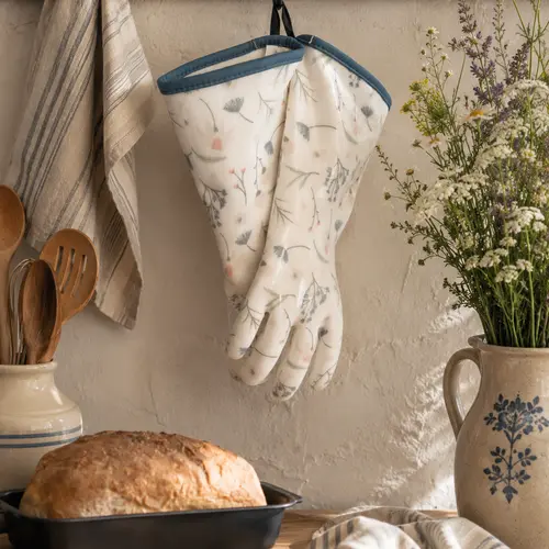 Heat Resistant Anti-Scalding Oven Mitts - Food-Grade Silicone & Cotton Kitchenware Gloves with Wrapped Edge, Rustic Printed, Dutch Oven Lift Compatible, Easy Rinse Clean, Gift-Ready Box