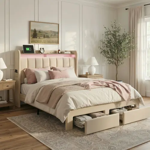 Sha Cerlin Upholstered Bed with LED Light Strips & Storage【No Mattress】Wingback Headboard with Shelves, 2 Footboard Drawers, Full/Queen/King, Beige/White/Grey Summervibes Father's day Gift,dorm essentials,home decor