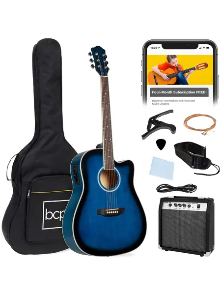 Best Choice Products Beginner Acoustic Electric Guitar Starter Set 41in w/ All Wood Cutaway Design, Case