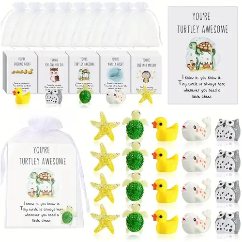 Set of 25Inspirational Pocket Favors -EmployeeAppreciation Gifts Bulk for Coworkers with Animal Pun NoteCards Quality Resin Ducks Stars Whales Turtles Owls FavorsDurable Card-MM