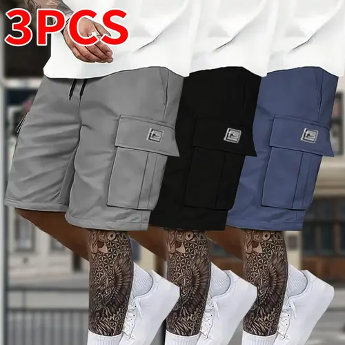 Baggy Cargo Style Men's Shorts 3-Pack, Black, Relaxed Fit, Mid-Rise, Solid Color, Functional Twill Pockets, Chic Durable Fabric, Suitable for Casual Wear, Activewear, Sportswear
