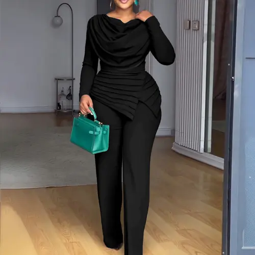 CHICME Cowl Neck Asymmetrical Patchwork Ruched Jumpsuit Wedding Guest Wedding Casual Cinched Waist Zipper Back Straight Leg Jumpsuit