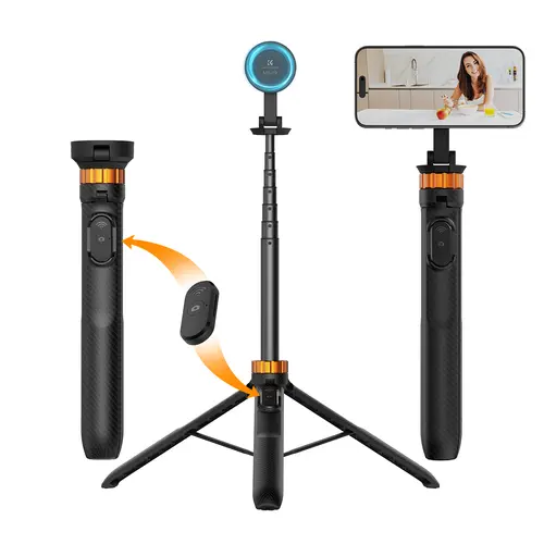 K&F CONCEPT 63.8" (1.62m) Foldable Compact Mobile Selfie Stick Tripod - MagSafe Magnetic Mount, Built-in Bluetooth Remote - For iPhone 12-16 Pro Max/15/14/13, Works with Selfie Accessories, Travel Gadgets - Ideal for Travel, Vlogging, Smartphone, Cellphon