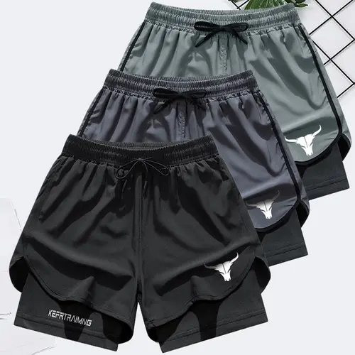 Men’s 2-in-1 Double Layer Drawstring Waist Solid Soft Stretch Streetwear Sports Shorts, Regular Fit Activewear with Anti-Exposure Side Pockets, Breathable Quick-Drying Gym Bottoms for Summer Workouts, Soft Stretch Shorts