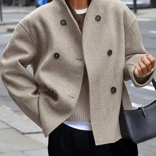 Women's Short Woven Coat, Basic Thick Fabric Casual Loose-Fit Long Sleeve Fashionable Jacket for Fall & Winter Seasons, Stylish Daily Wear Outerwear, Womenswear