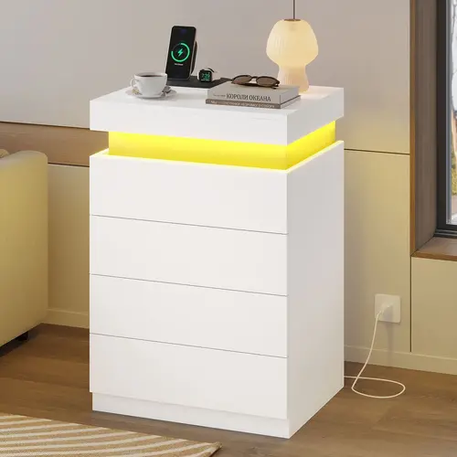 Sikaic Nightstand with 4 Drawers and LED Lights, Bedside Table with Sliding Top and Charging Station, Modern End Side Table for Bedroom, Home Furniture Christmas Gifts [SohoChic]