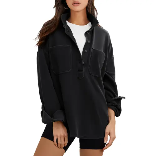 ANRABESS Sweatshirt for Women Oversized Casual Long Sleeve Side Slit Button Lapel Polo Pullover Tunic Tops 2026 Fall Outfits