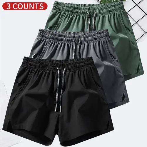 Men's 3-Pack Plain Solid Color Adjustable Drawcord Shorts - 3-Color Mix, Athleisure Casual Elastic Waist Pocket Bottoms, Breathable Summer Daily Wear Menswear (Tropical Beige)