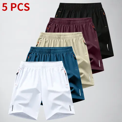 Men's 5-Pack Minimalist Menswear Shorts - Breathable Comfy, Soft Stretch, Casual Athletic, Plain, Skin-Friendly Custom-Fit Fabric, Drawstring Elastic Closure, Multiple Pockets Pants, Outdoor Use