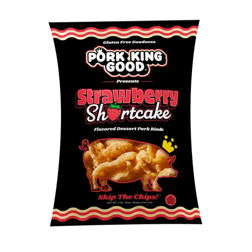 Pork King Good Strawberry Shortcake Rinds - 3 oz, High Quality Gluten-Free Reduced Sugar Sweet Sour Snack, Natural Fried Cooked in Pork Fat Crisps & Puffed Dried Meat Treat, High Quality Pork, Sweet‑Salty Hit