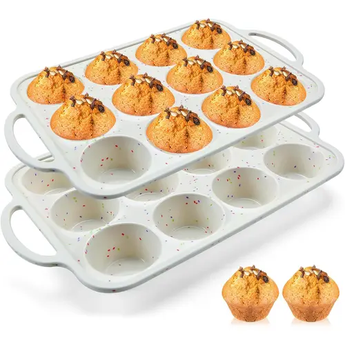 2-Pack Silicone Muffin Pans, 12-Cup Regular-Size Cupcake Pan Set with Metal Reinforced Frame, Nonstick Flexible Silicone Baking Molds, Oven & Dishwasher Safe, for Muffins, Cupcakes and Egg Bites
