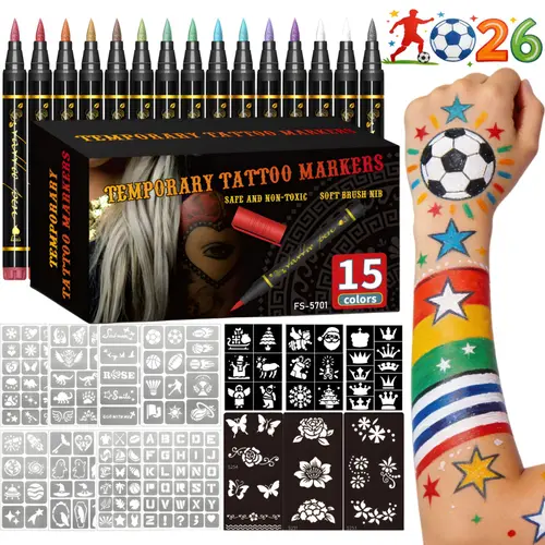 Temporary Tattoo Markers for Skin, Body Art, 10/15/30-Count Body Markers+ Large Tattoo Stencils, Mehndi Stencils,10/15/30 Colors Tattoo Pens,Flexible Brush Tip, Bright colors, Face Paint Kit Quality,Halloween makeup