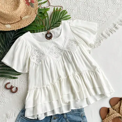 Plus Size Women's Bohemian Lace Trim Woven Lightweight Round Neck Short Sleeve Top, Loose Fit Spring & Summer Casual Shirt Blouse for Daily Wear