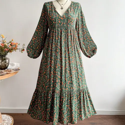 Plus Size Women's Floral Dress, Fall Winter V Neck Tie Back Lace Trim Long Sleeve Maxi Dress, Casual Elegant Fashion