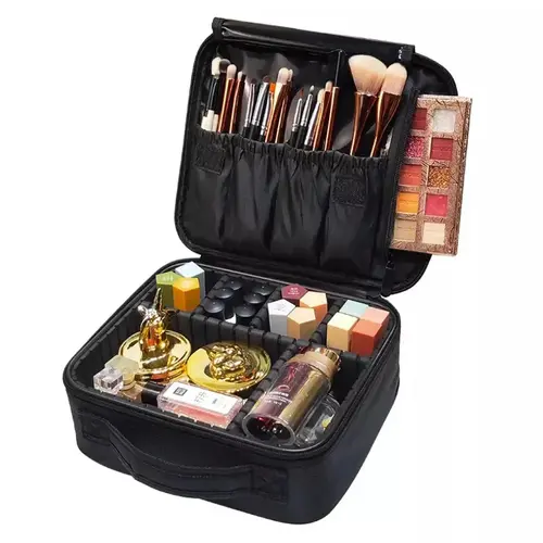 Portable Travel Makeup Bag (10.2 in) - Adjustable Dividers, Multiple Pockets, Hand Strap Makeup Bag Set for Cosmetics, Brushes, Toiletries | Holiday Storage Organizer, Gifts for Boyfriend, Beauty On-the-Go