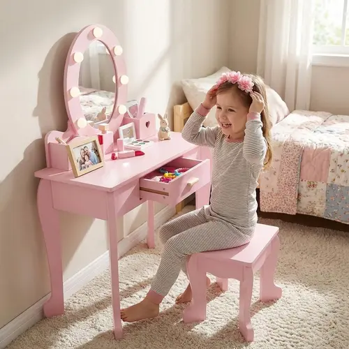 【GARVEE】Pink Wooden Vanity Table and Chair Set for Children with Lighted Mirror, Makeup Storage Rack, Brush Holder, and Stool - Perfect Pretend Play Dressing Table