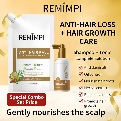 REMIMPI Anti-Hair Loss & Hair Growth Care Combo – Shampoo + Tonic Complete Solution for Thicker, Healthier Hair (300ml + 50ml),back to school