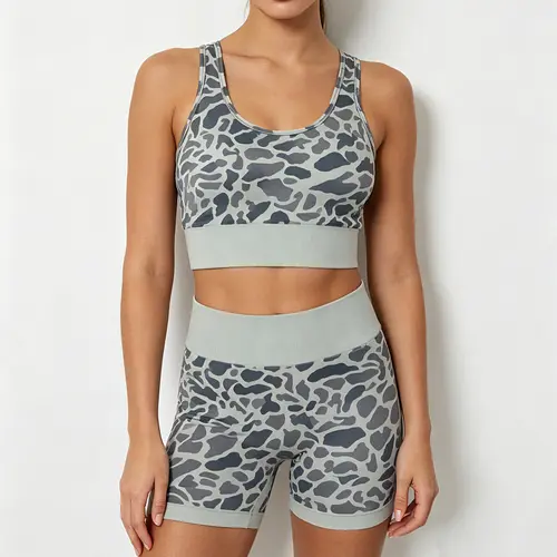 Camo Women'S Sports Bra and shorts Two Piece Knitted Active Set Fit
