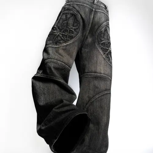 Men's Loose-Fit Classic Skate Embroidered Jeans with Pockets, Aesthetic Street Style Casual Denim Pants for All Seasons, Comfortable Outdoor Wear, Streetwear