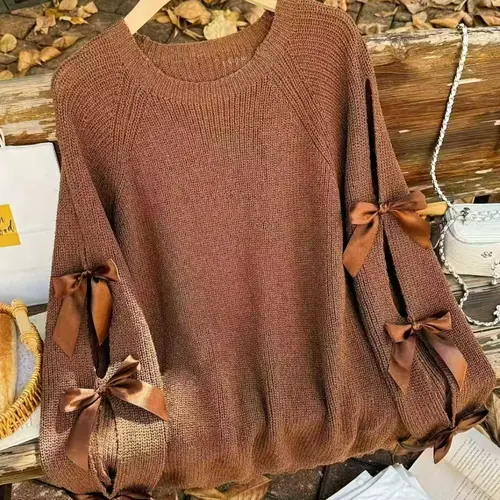Women's Knitted Pullover Sweater, Fashion Knitwear, Solid Color Long Sleeve Top, Bow Design, Perfect for Fall & Winter, Casual Wear