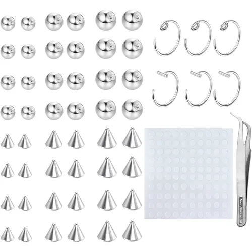 Non-Piercing Fake Eyebrow & Lip Labret Studs Set, Silver Color, 3/4/5mm Sizes, 100pcs Adhesives Included, Spike Design, Body Piercing Jewelry, Labret Studs Replacement