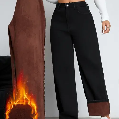 Women's Fleece Lined Soft Thickened Fall Winter Wide Leg High Quality Jeans, Basic, Elegant Woven Fabric, Fashionable, Aesthetic, Everyday & Versatile, Chic, Straight Fit Denim Jeans, Straight Leg Casual, Womenswear, Bottom, Pants