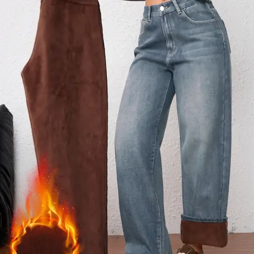 Women's Vintage Fleece-Lined Thickened Fall Winter Wide Leg Jeans, Elegant Comfortable Casual Trendy Straight Washed Woven Denim Pants