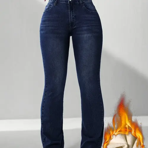 Women's Fall Winter Fleece Lined Woven Thick Warm Soft Comfortable Fashion High Waist Rise Skinny Fitted Basic Jeans, Pants, Trouser, Elegant Chic Style, All Seasons Wear