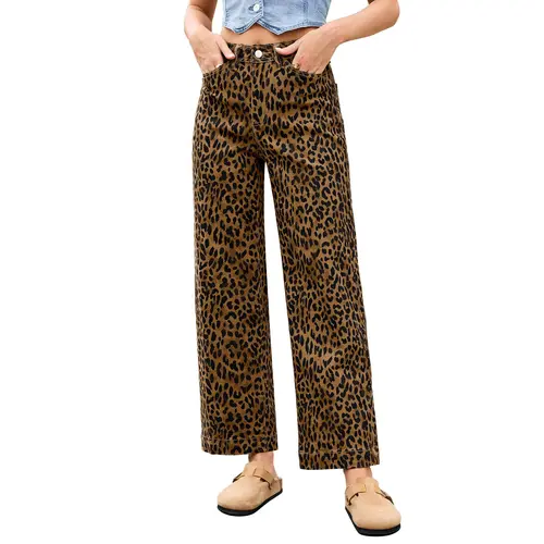 Luvamia Women's High-Waisted Wide Leg Leopard Print Ankle-Length Stretchy Denim Jeans - Streetwear, Casual, Everyday, Comfortable Fashion Apparel with Pockets, Zipper, Button, Trouser