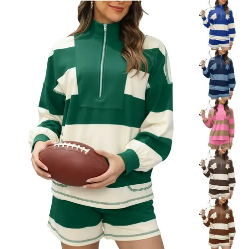 Ommig Women's Striped 2-Piece Athletic Set - Soft Cotton Blend Long Sleeve Half-Zip Shirt & Shorts, Comfy Fits, Move With Ease, Cute Outfit for Lounge & Workout, 2 Piece Sets Women