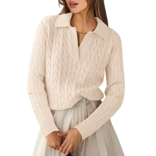 ANRABESS Womens Cable Knit Sweaters Long Sleeve V Neck Sweater Tops Casual Pullover Polo Shirts 2026 Fall Fashion Outfits Womenswear Golf