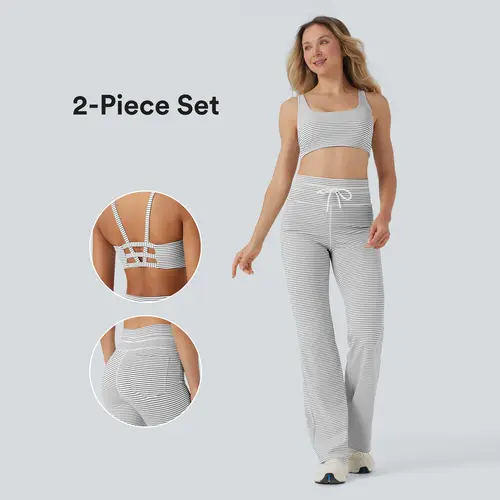 【Creator‘s Pick】Halara 2-Piece Low Support U Neck Cut Out Stripe Yoga Sports Bra & High Waisted Drawstring Striped Yoga Pants with Pockets Set #BackToSchool