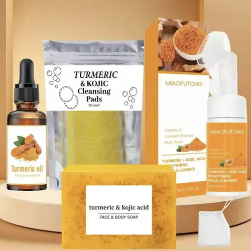 GALHJCZ Turmeric 4-Piece Gentle Foam Skincare Set - Facial Cleanser, Cleansing Pad, Soap Bar, Essential Oil, Body Wash for Deep Cleansing, Smooth Radiant Skin, Daily Use for Men & Women