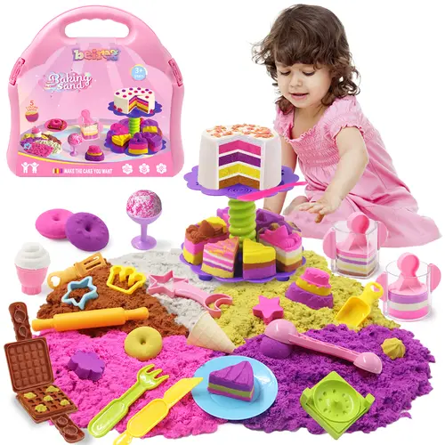 Dessert Bakery Sensory Sand Kit - 40 PCS Baking & Ice Cream Shop for Girls 2lbs Colorful Magic Sand Cake Cookie Waffle Ice Cream Molds Tools Portable Storage Birthday Gift for Kids Ages 3-8