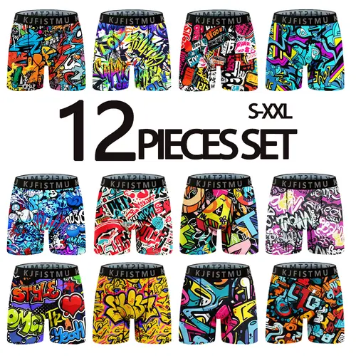 KJFISTMU 12-piece set of men's boxer briefs with stylish printed patterns, long-length men's boxer briefs, soft and breathable, trendy graffiti sports underwear, men's underwear, cycling shorts Men's Clothing Set Fabric Menswear Boxer Briefs Set Gym
