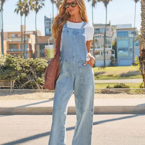 Women's Light Blue Denim Strap Sleeveless Jumpsuit Overalls, Womenswear, Light Wash, Wide Leg Loose Fit, Lightweight, Adjustable Straps, Casual One-Piece, Perfect for Everyday Wear