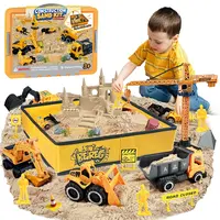 BEIREG PVC-Free Construction Sensory Bin Play Set, 2lbs Magic Sand, 9 Construction Trucks, Foldable Roof Sandbox, Cranes, Road Signs & Tools, Sensory Play Kit for 3+ Kids Birthday Party Favors
