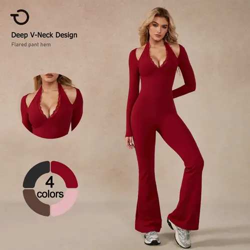 TimeOFF Women's Long-Sleeve Lace-Trim Halter Sporty Jumpsuit - Deep V-Neck, Flared Pant Hem - Athletic Style Activewear for Yoga, Dance Workouts - Fitness Sport Outfits, Workout Running Clothes, Stylish Women's Wear, One Piece Jumpsuits