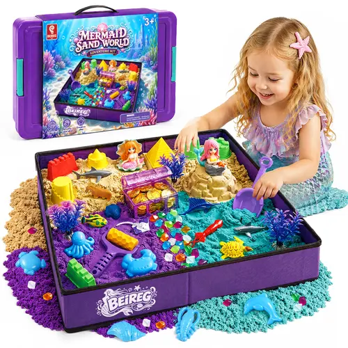 BEIREG Mermaid Sensory Bin Sand Kit - 58 PCS Set with 2-3lbs Magic Sand, 18 Castle & Marine Molds, Foldable Roof Sandbox, Treasure Chest, Underwater Toys for Girls to Boost Creativity & Fine Motor Skills (Ages 3-8 Gifts)