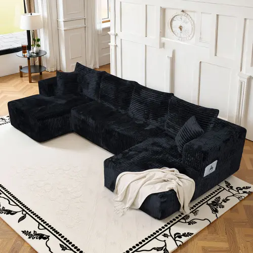 Comfortable U-shape Modular Corduroy Sofa 132'' Boneless Sectional No Assembly Needed 6 Free Pillows Living Room Furniture 3 Packages Shipping