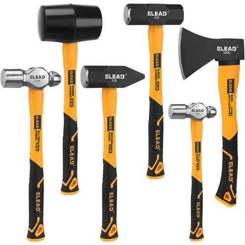 ELEAD 6-Piece Hand Tools Set, Fiberglass Handle Forge Steel Head: 32oz Rubber Mallet, 16oz Ball Pein Hammer, 3LB Sledge, Cross Peen, 600g Wood Splitter