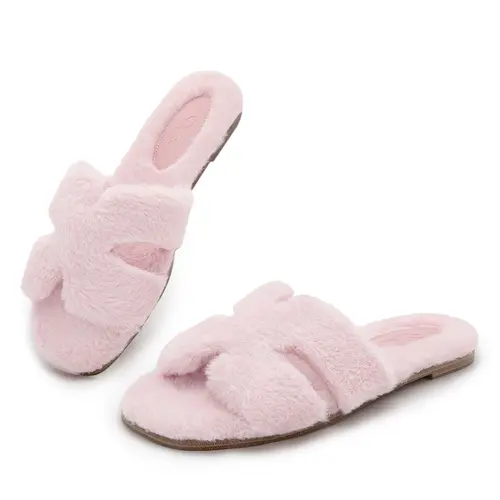 Furry Slides for Women, Cozy Open-Toe Slip-On House Slippers, Comfortable Indoor Outdoor Shoes for Women with Anti-Slip Sole, Footwear, Party, Buttons, Cute Shoes, Fur Slides, Women's Clothes,back to school,back to school haul