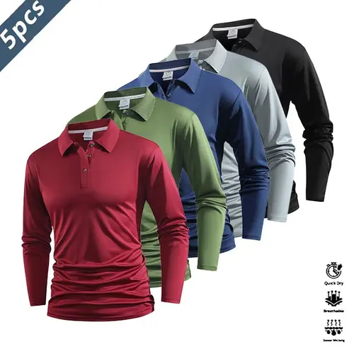 Men's 5-Piece Polo Shirt Set, Sporty Chic Colorblock Tops, Quick-Dry Casual Sportswear for Golf & Tennis, Casual Tennis Top, Fitness Sport Top,clothes for back to school,first day of school outfits