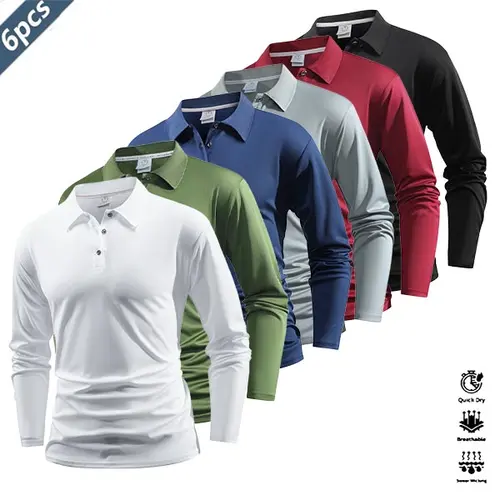 Men's 6-PCS Long Sleeve Athletic Polo Shirts Set - Polyester Plain, Quick-Dry, Breathable, Moisture-Wicking, Colorblock Collar & Cuff, All-Seasons Machine-Washable Top for Golf, Equestrian,clothes for back to school,first day of school outfits